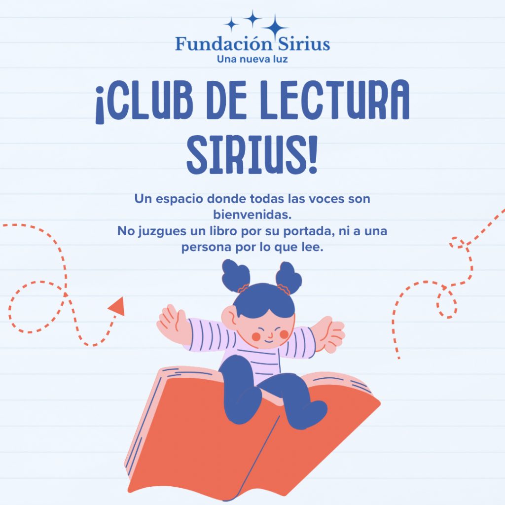 Imagen diseñada del club de lectura Sirius. Ilustración de una niña sobre un libro gigante que simula ser un ave.
